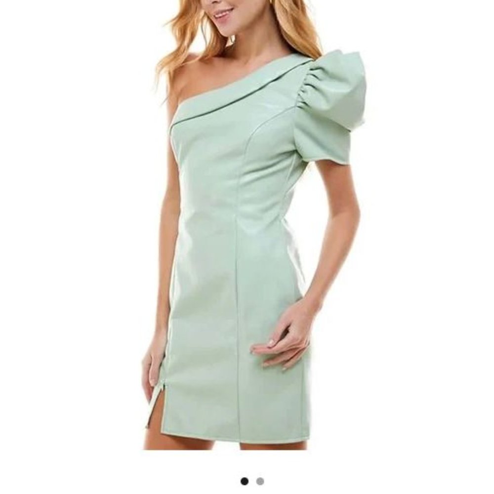 Light Green Faux Leather Cocktail Dress sz S - Picture 3 of 4
